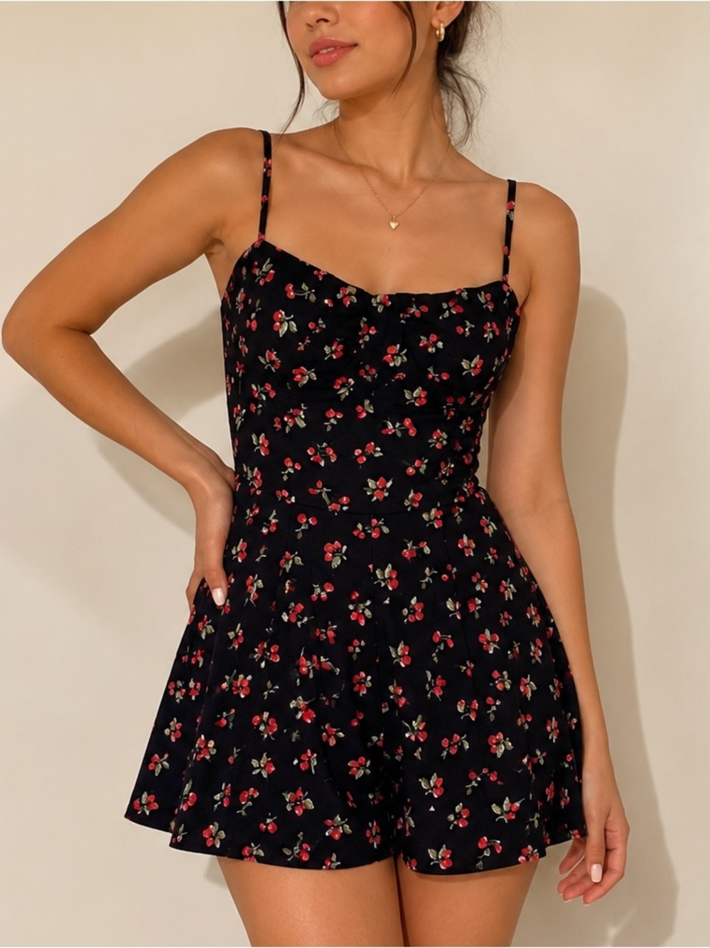 Abercrombie & Fitch Black Floral Romper with Red Cherry Print